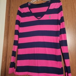 Ralph Lauren sports womens blouse Pink/ blue striped V neck  100% Cotton size L